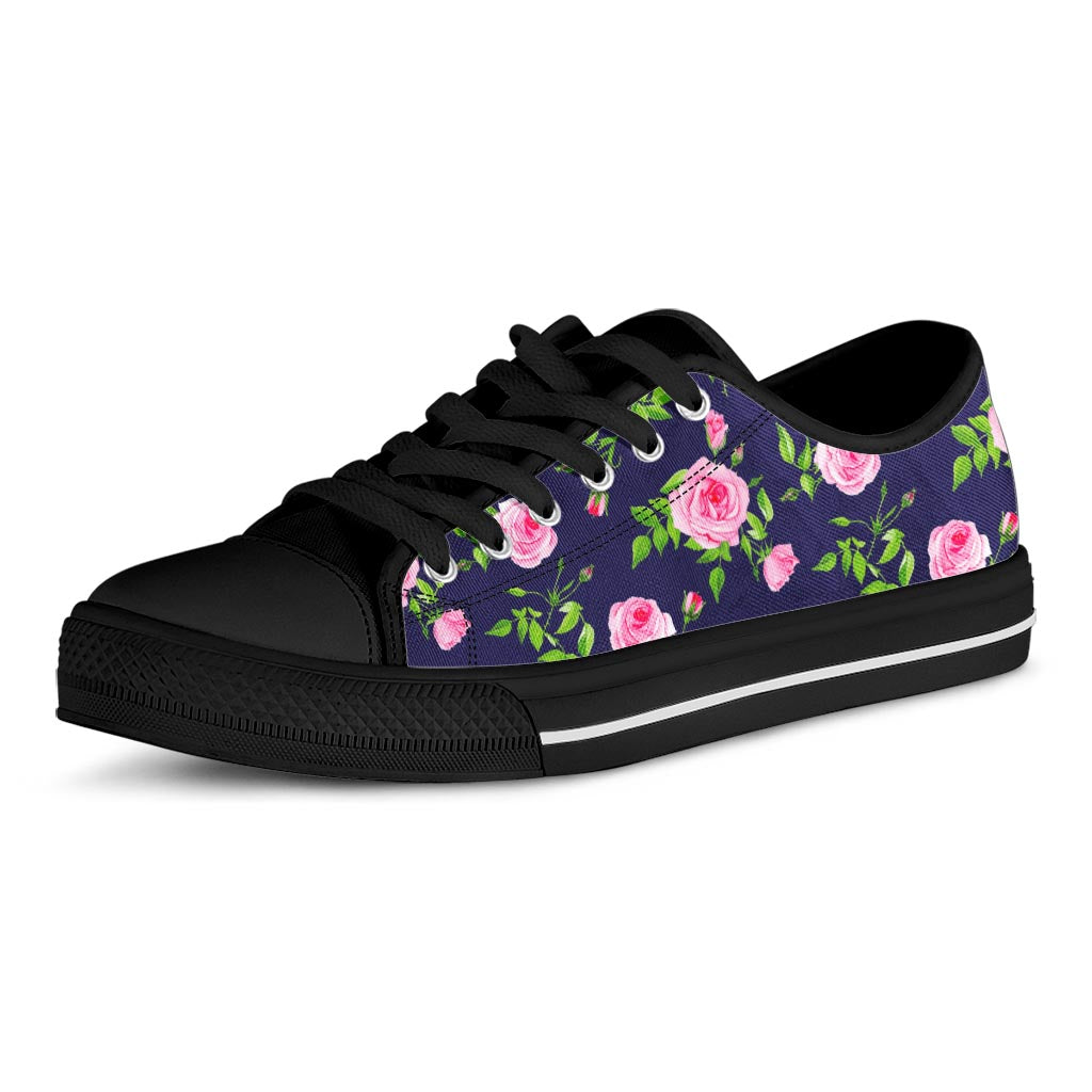 Pink Rose Floral Flower Pattern Print Black Low Top Sneakers