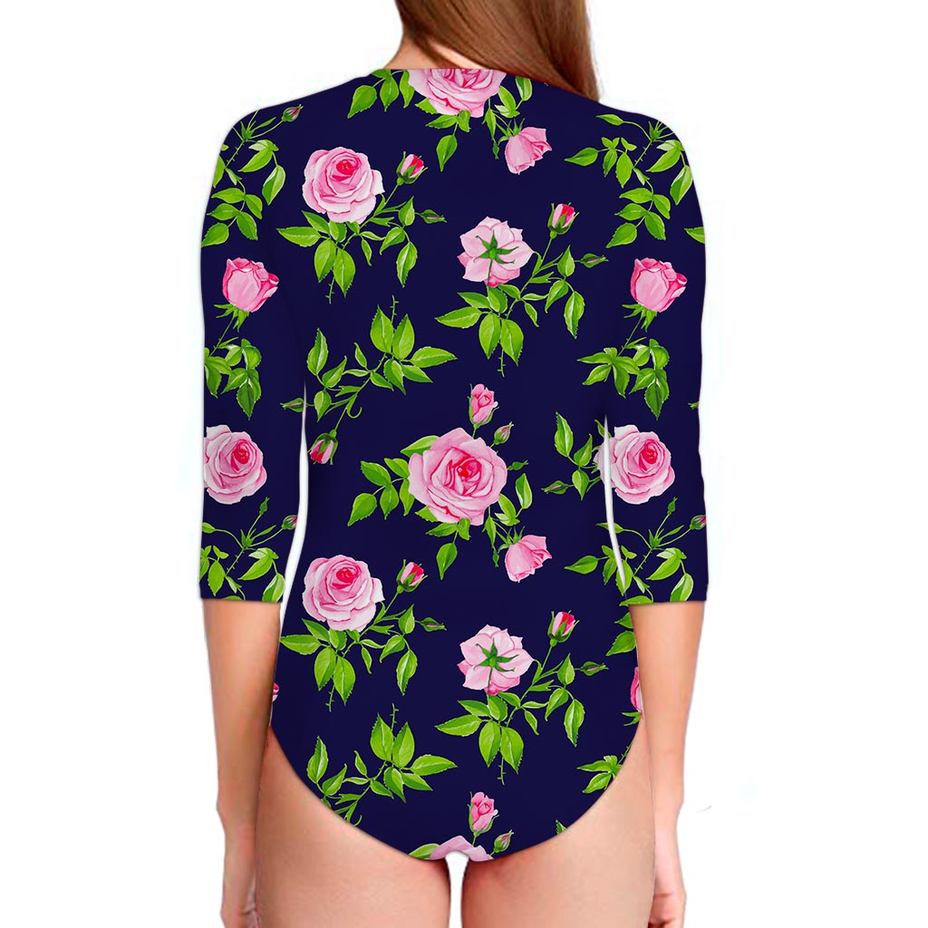 Pink Rose Floral Flower Pattern Print Long Sleeve Swimsuit
