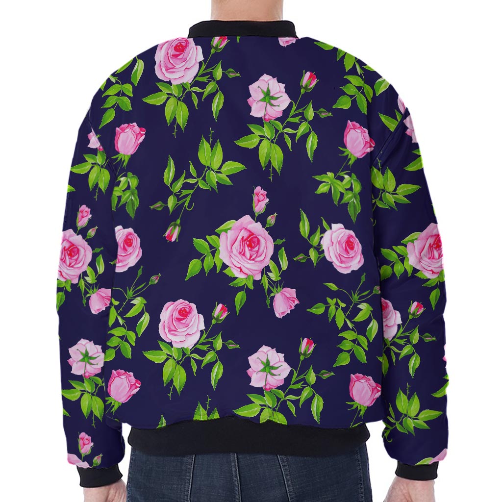 Pink Rose Floral Flower Pattern Print Zip Sleeve Bomber Jacket