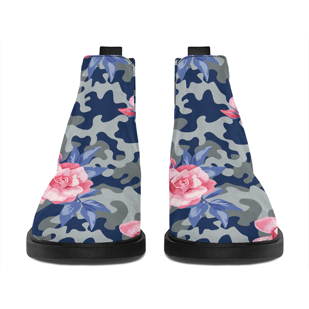 Pink Rose Flower Camouflage Print Flat Ankle Boots