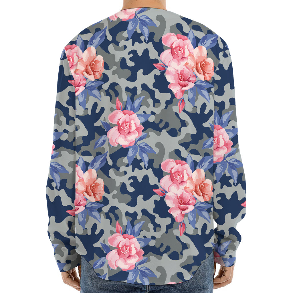 Pink Rose Flower Camouflage Print Long Sleeve Baseball Jersey