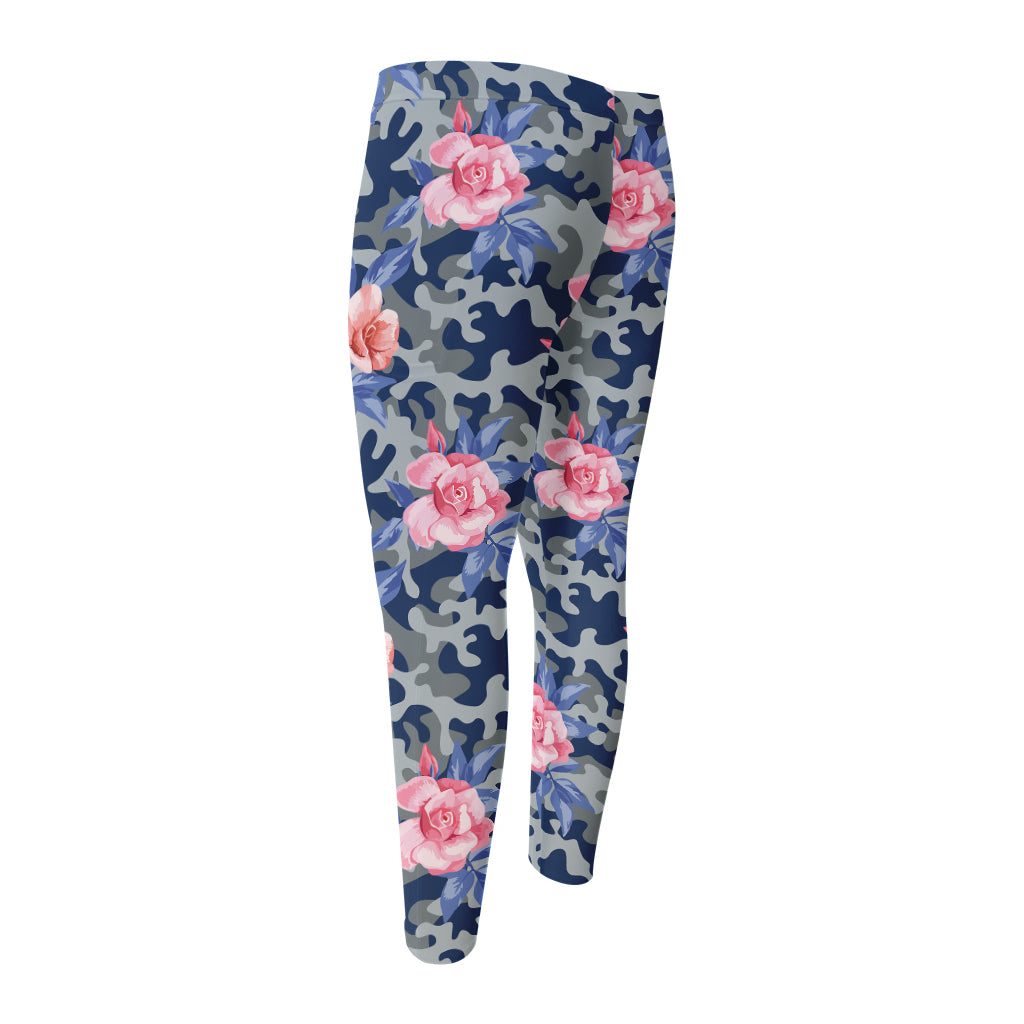Pink Rose Flower Camouflage Print Men's Compression Pants