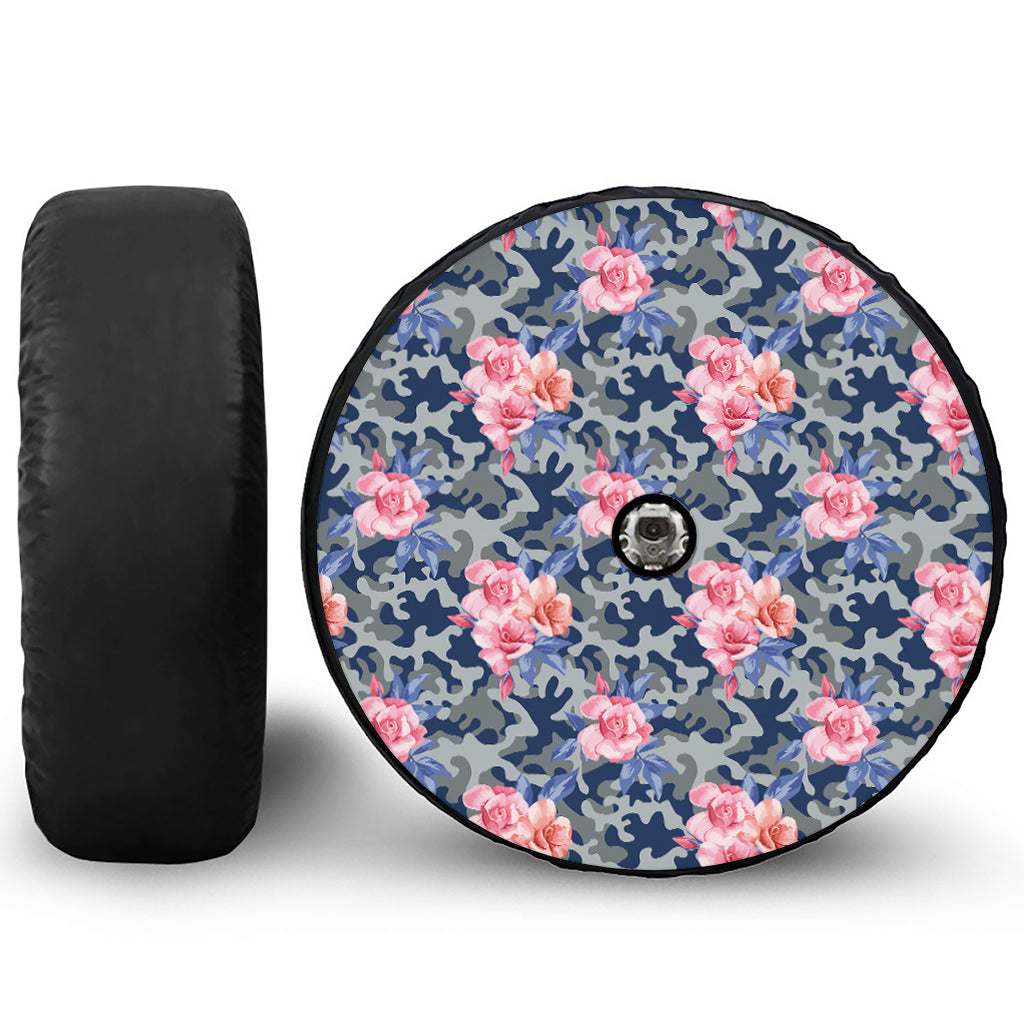 Pink Rose Flower Camouflage Print Tire Cover With Camera Hole