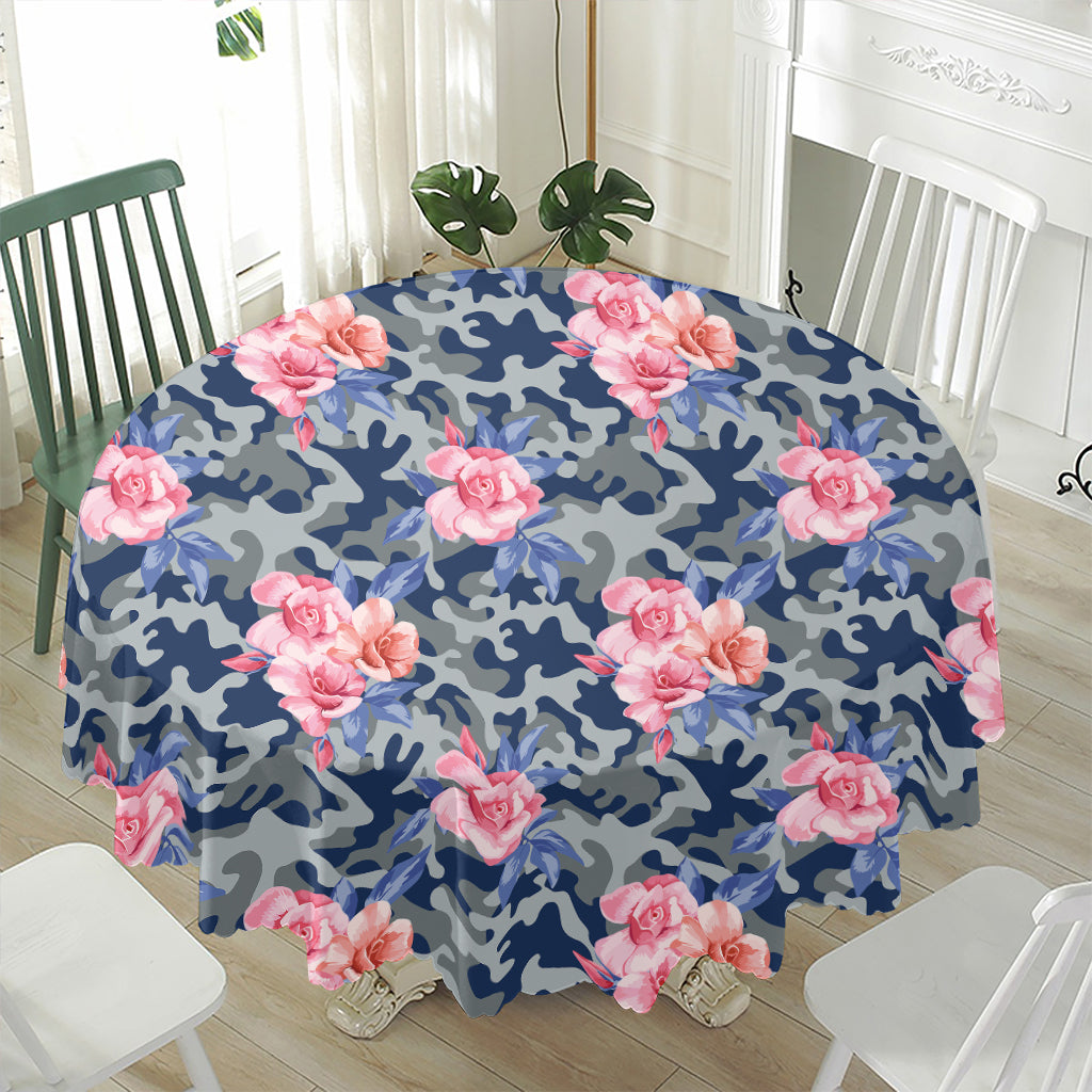 Pink Rose Flower Camouflage Print Waterproof Round Tablecloth