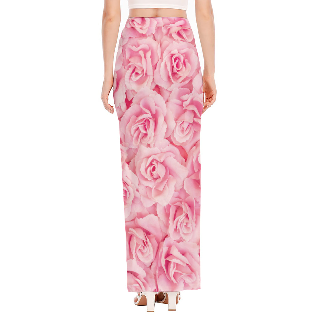 Pink Rose Print High Slit Maxi Skirt