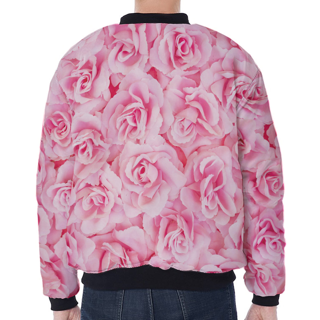 Pink Rose Print Zip Sleeve Bomber Jacket