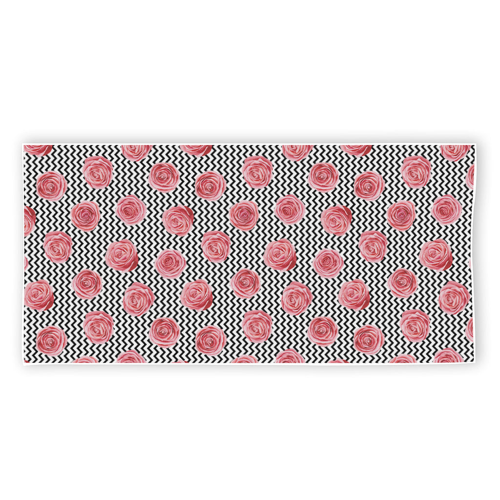 Pink Rose Zigzag Pattern Print Beach Towel