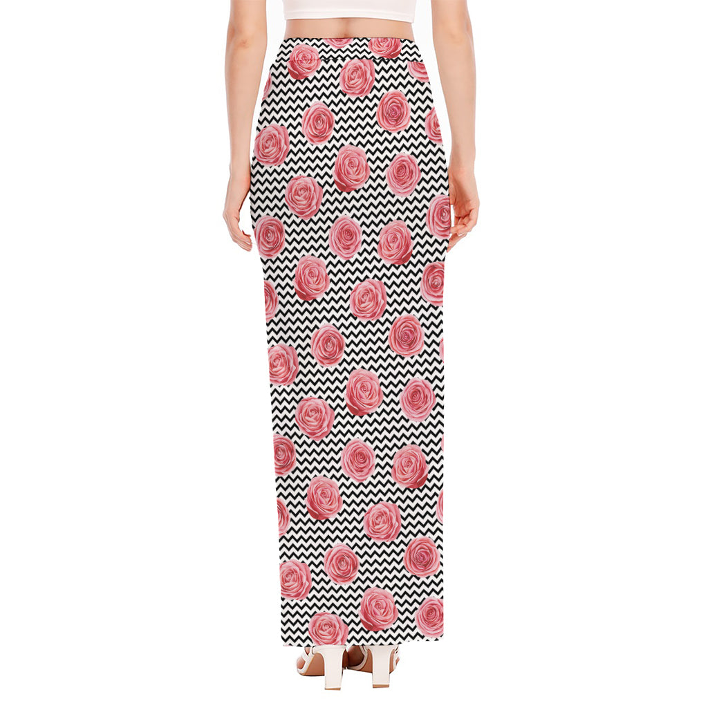 Pink Rose Zigzag Pattern Print High Slit Maxi Skirt