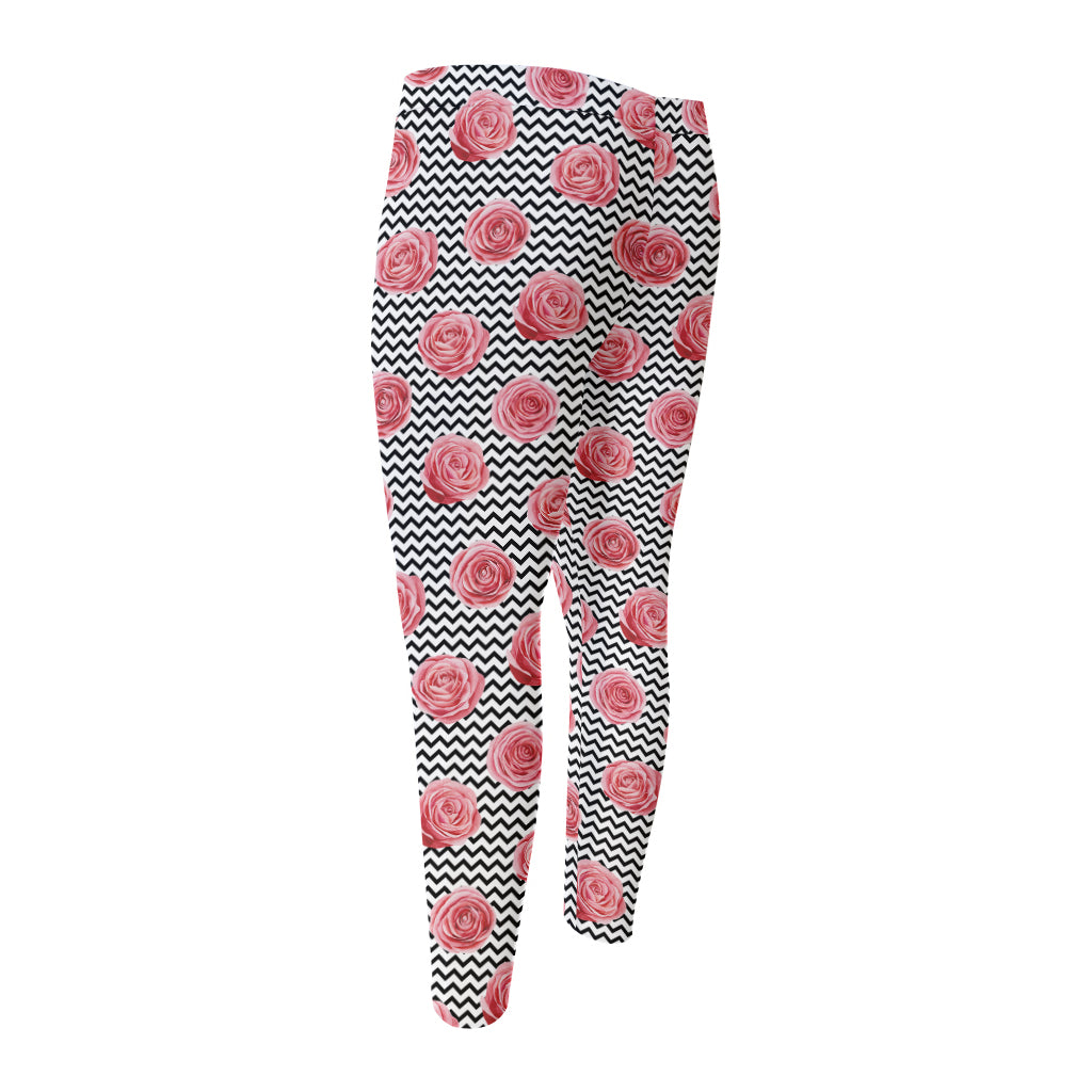 Pink Rose Zigzag Pattern Print Men's Compression Pants