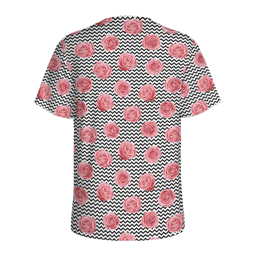 Pink Rose Zigzag Pattern Print Men's Sports T-Shirt