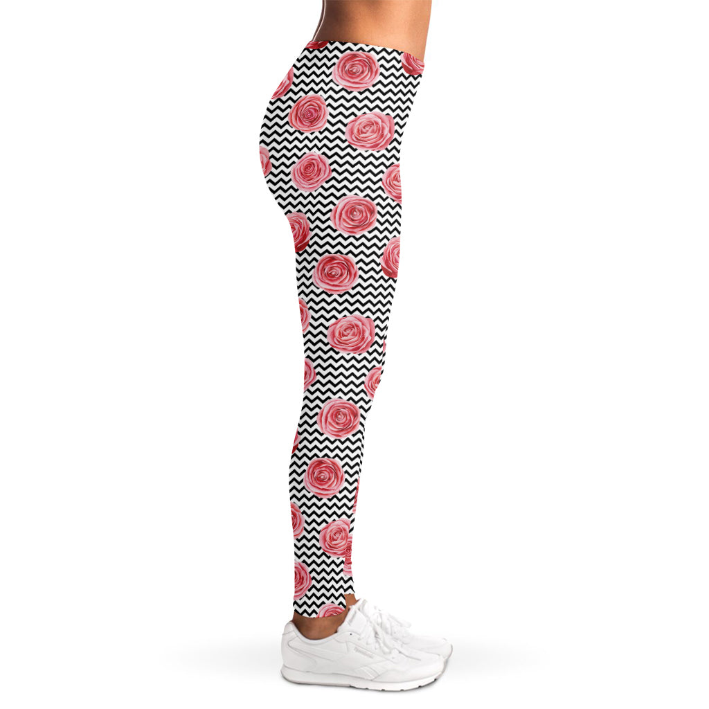 Pink Rose Zigzag Pattern Print Women's Leggings