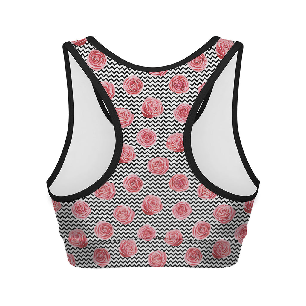 Pink Rose Zigzag Pattern Print Women's Sports Bra