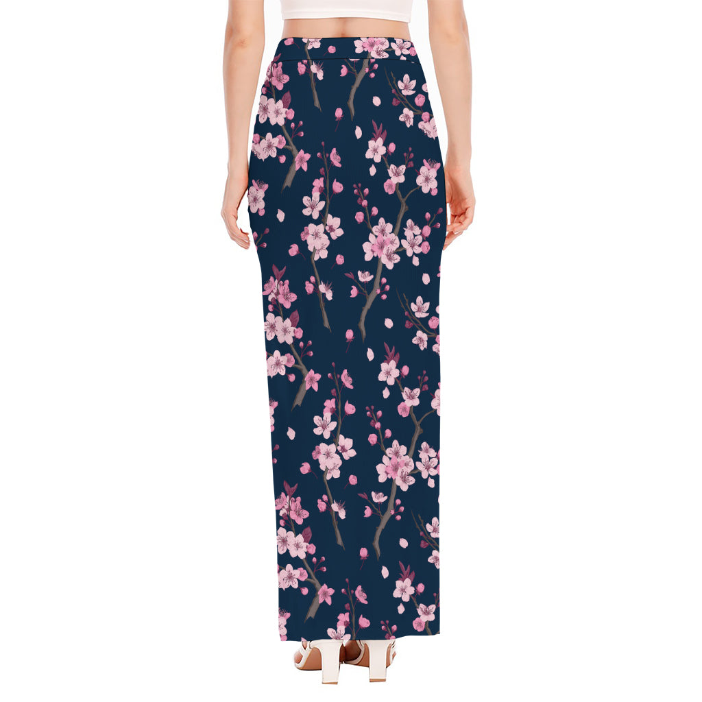 Pink Sakura Cherry Blossom Pattern Print High Slit Maxi Skirt