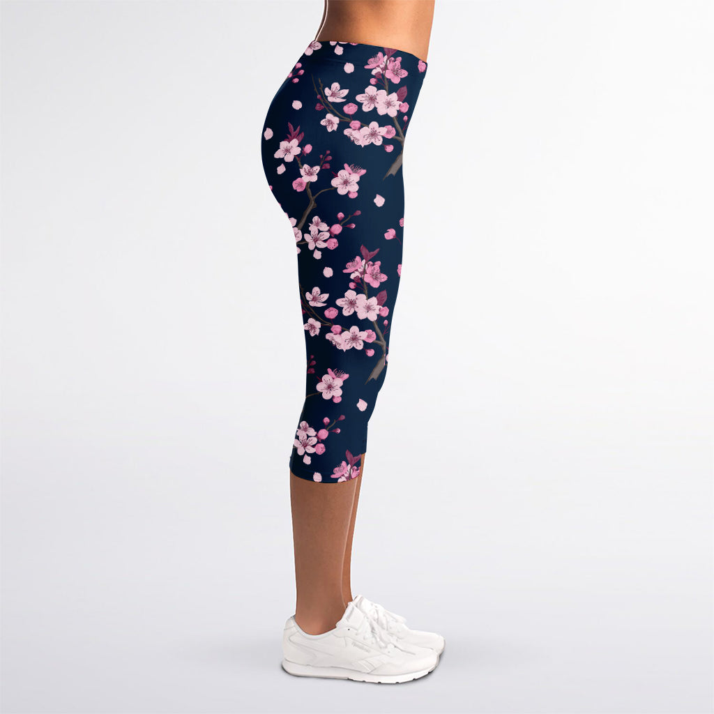 Pink Sakura Cherry Blossom Pattern Print Women's Capri Leggings
