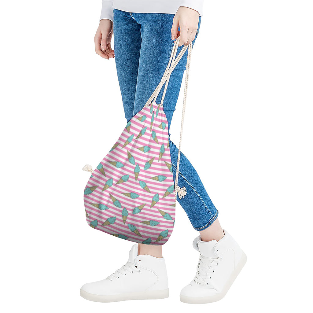 Pink Striped Ice Cream Pattern Print Drawstring Bag