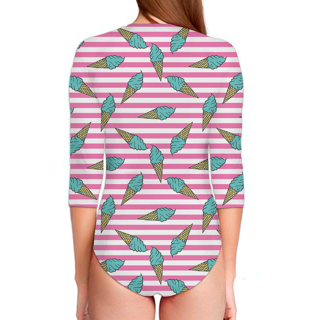 Pink Striped Ice Cream Pattern Print Long Sleeve Swimsuit