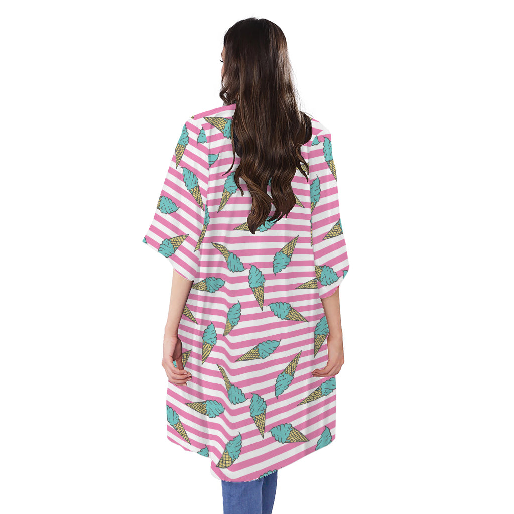 Pink Striped Ice Cream Pattern Print Open Front Beach Cover Up