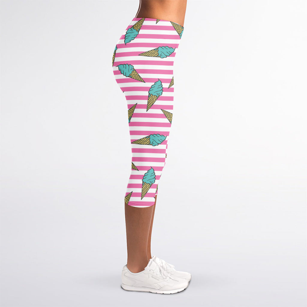 Pink Striped Ice Cream Pattern Print Women's Capri Leggings