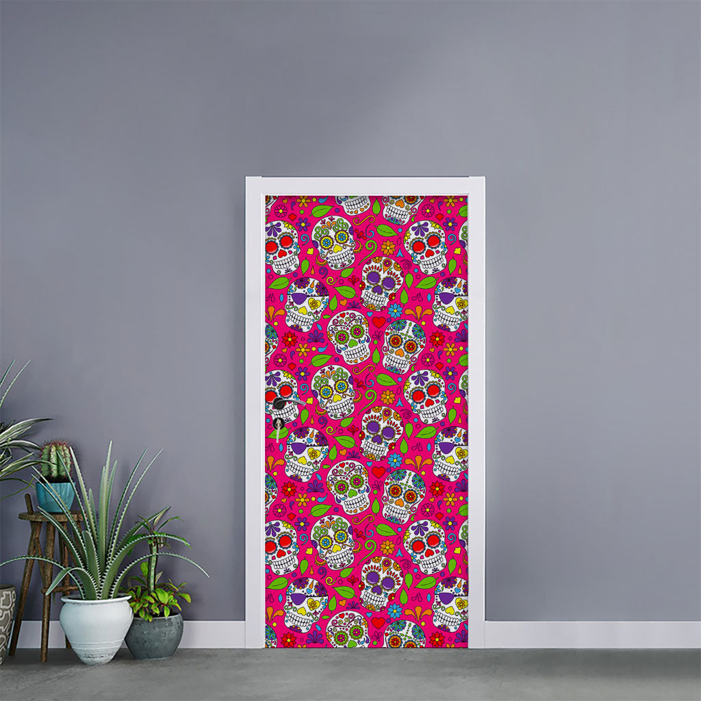 Pink Sugar Skull Pattern Print Door Sticker