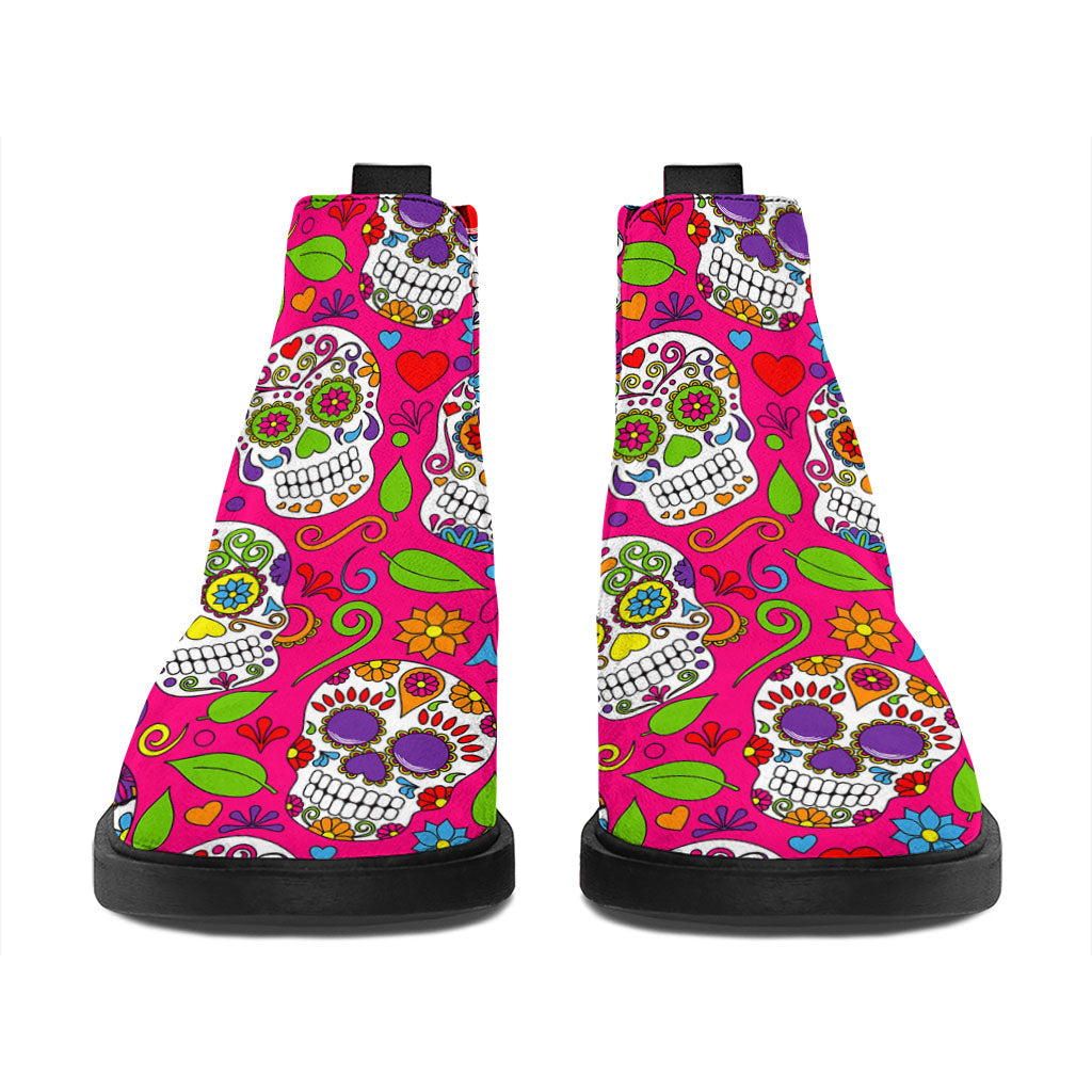Pink Sugar Skull Pattern Print Flat Ankle Boots