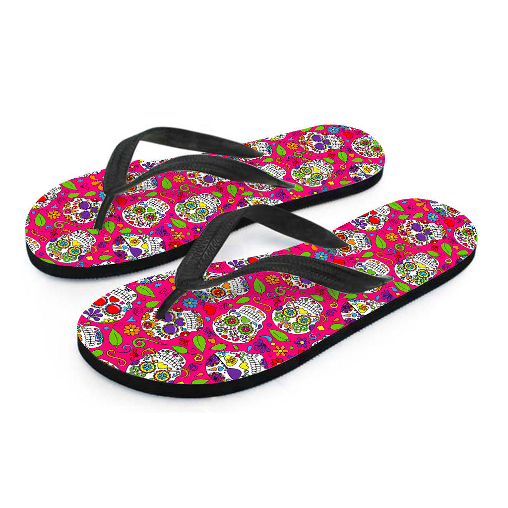 Pink Sugar Skull Pattern Print Flip Flops