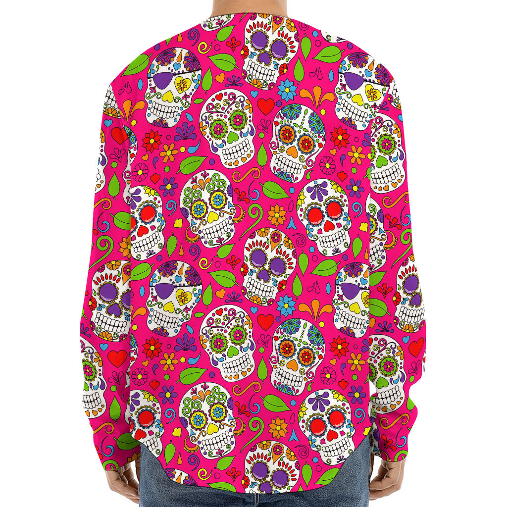 Pink Sugar Skull Pattern Print Long Sleeve Baseball Jersey