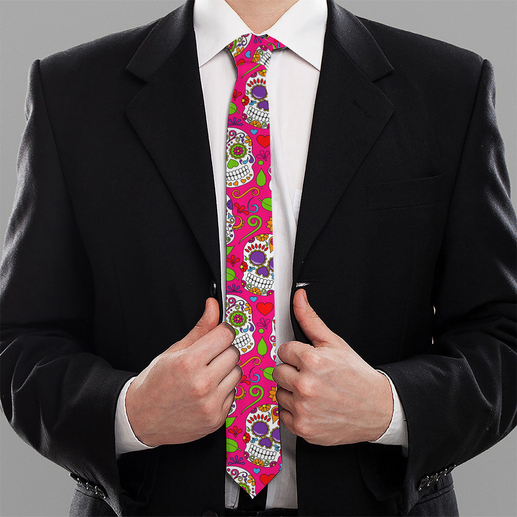 Pink Sugar Skull Pattern Print Necktie
