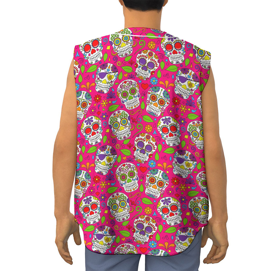 Pink Sugar Skull Pattern Print Sleeveless Baseball Jersey