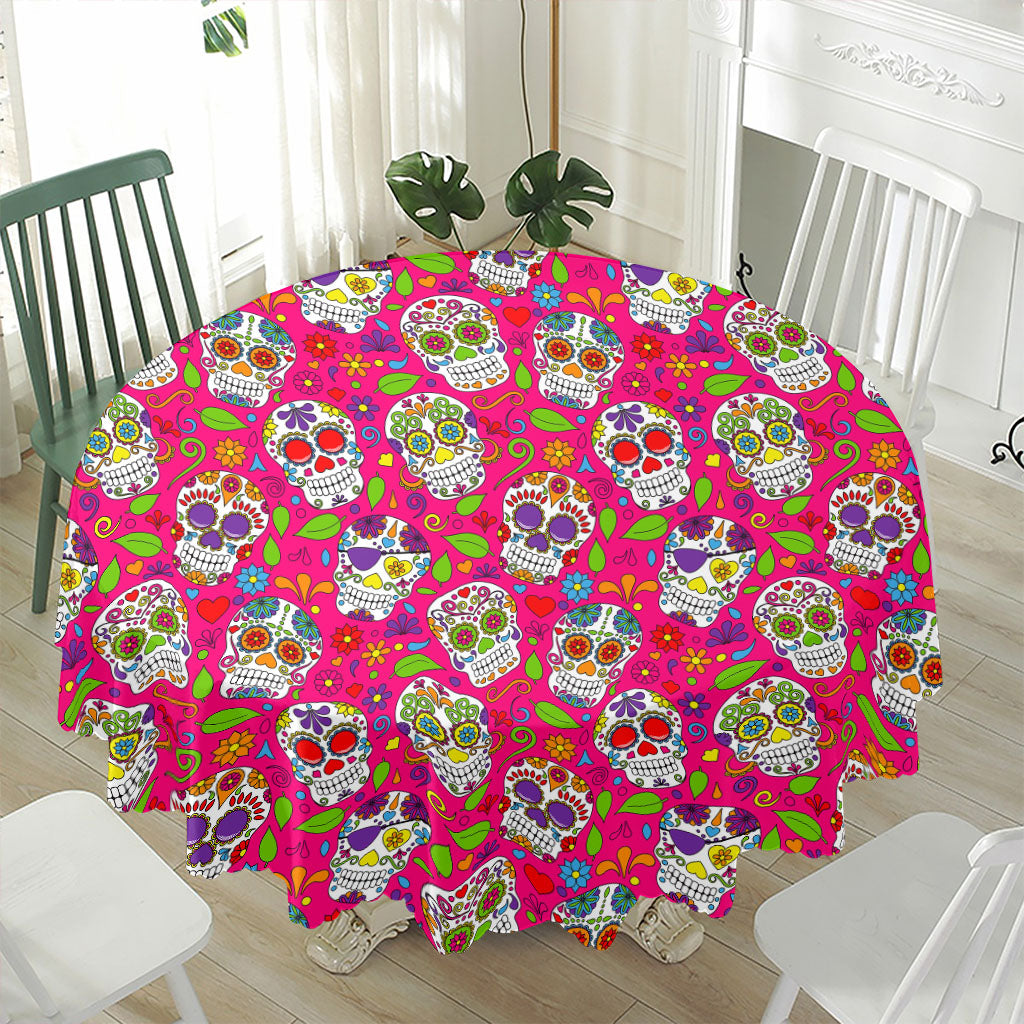 Pink Sugar Skull Pattern Print Waterproof Round Tablecloth