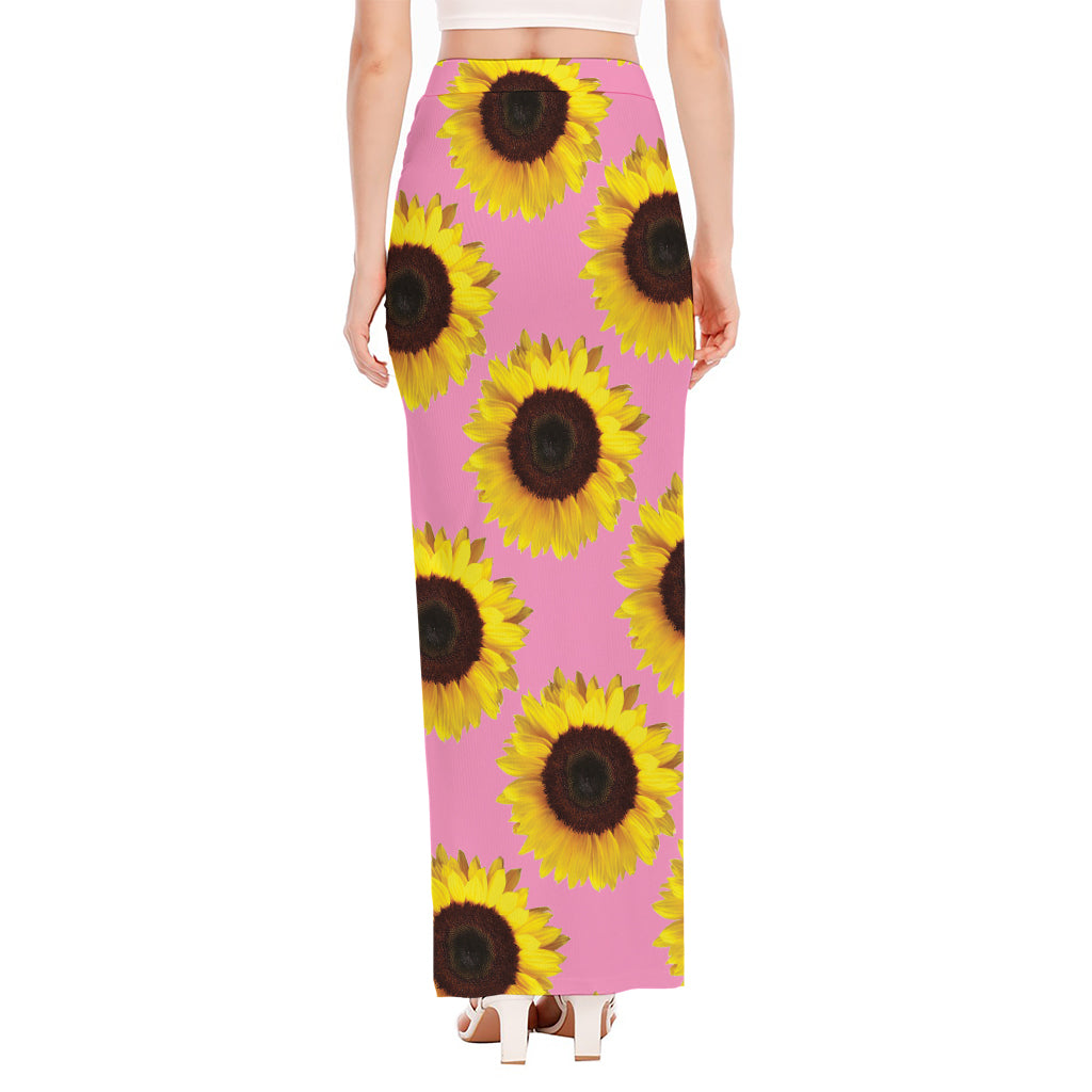 Pink Sunflower Pattern Print High Slit Maxi Skirt