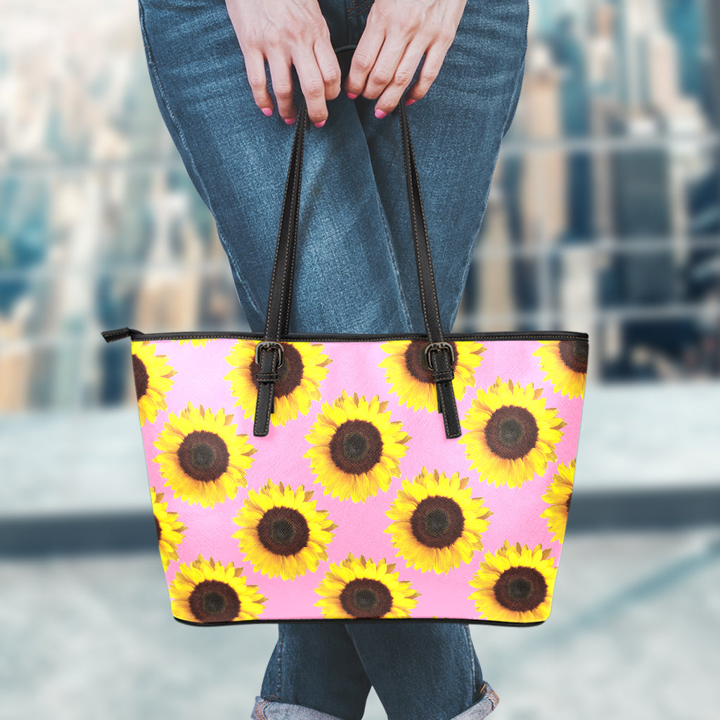 Pink Sunflower Pattern Print Leather Tote Bag