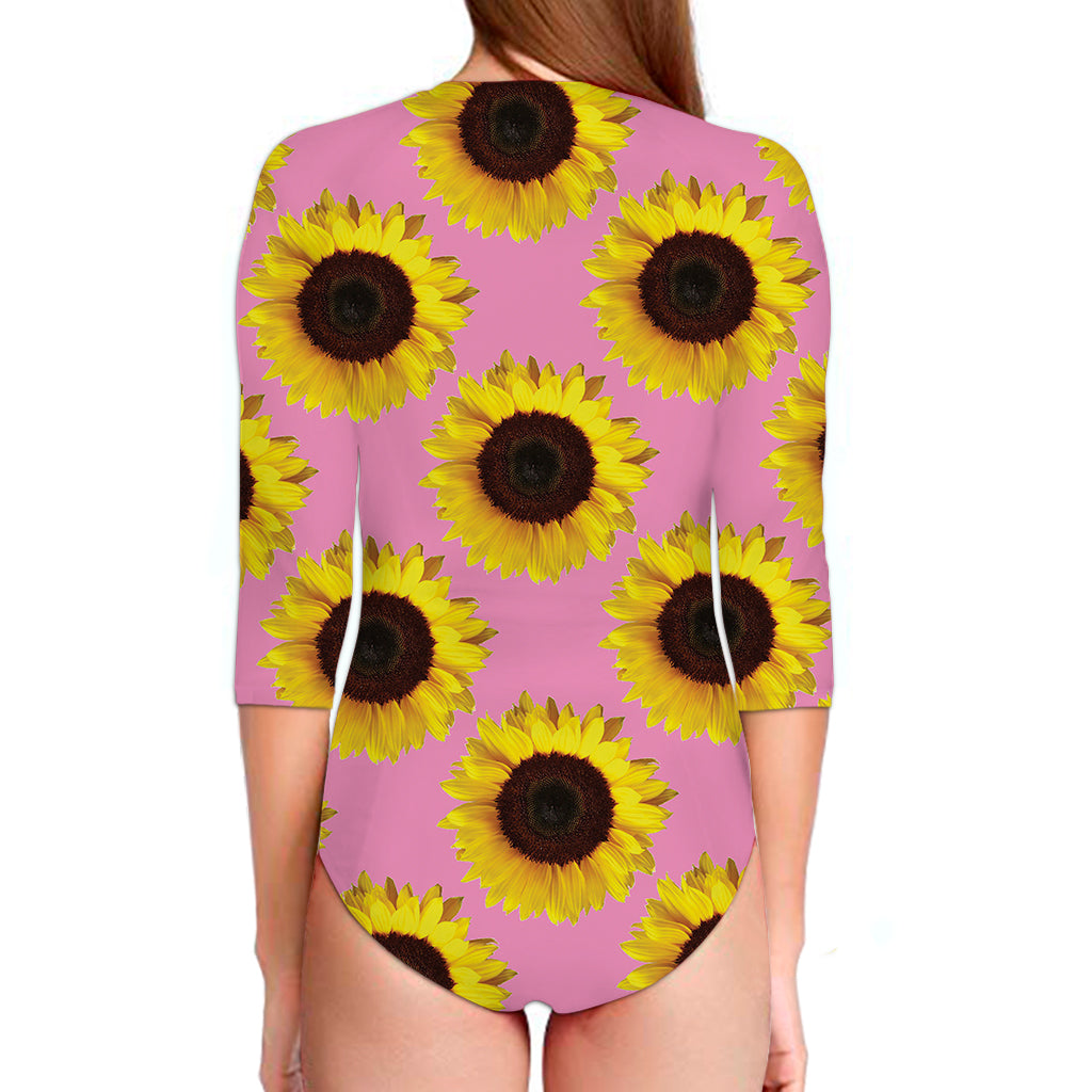 Pink Sunflower Pattern Print Long Sleeve Swimsuit
