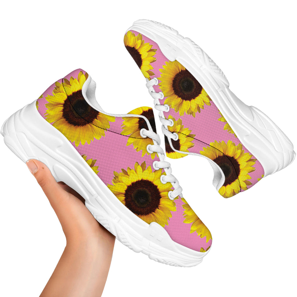 Pink Sunflower Pattern Print White Chunky Shoes