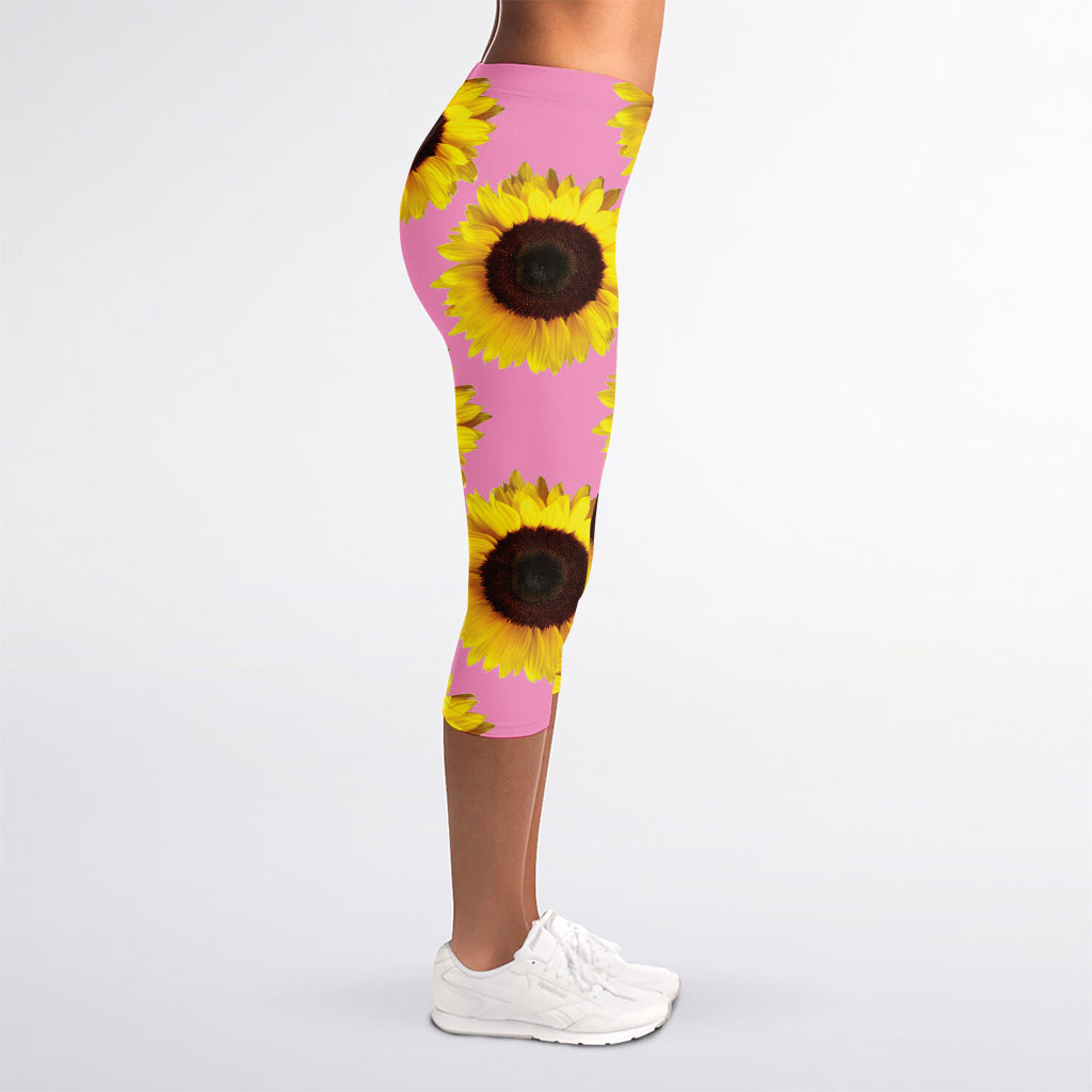Pink Sunflower Pattern Print Women's Capri Leggings