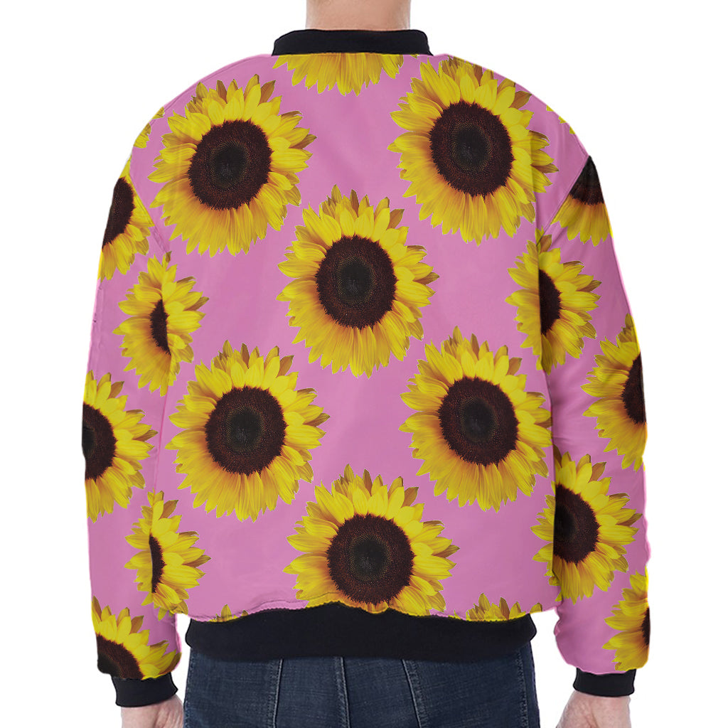 Pink Sunflower Pattern Print Zip Sleeve Bomber Jacket