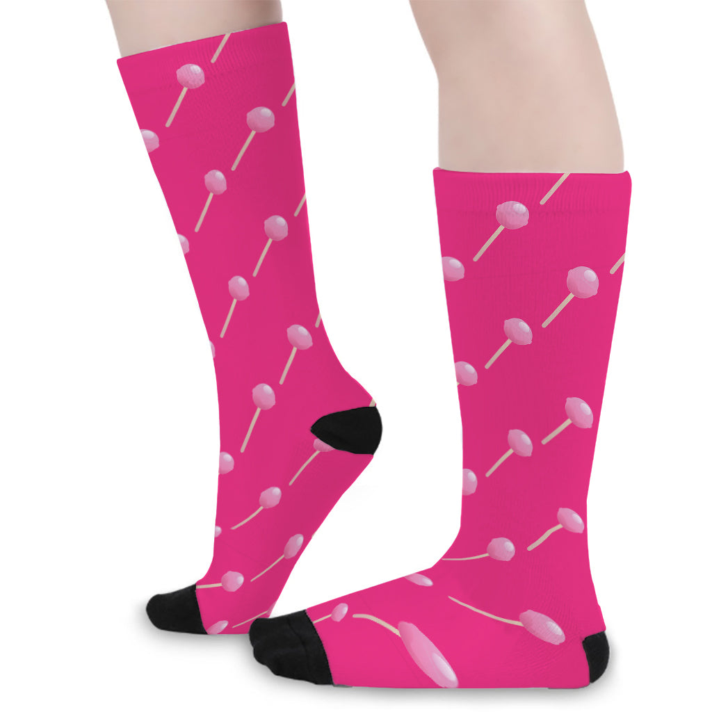 Pink Sweet Lollipop Pattern Print Long Socks