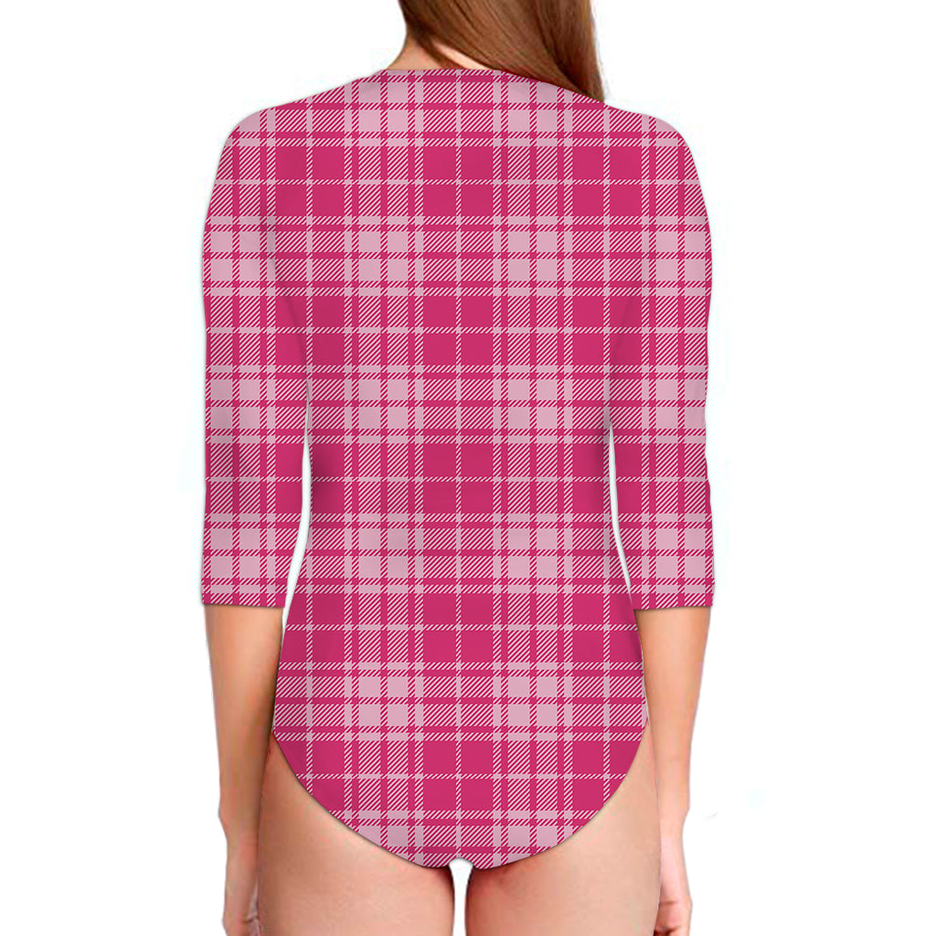 Pink Tartan Pattern Print Long Sleeve Swimsuit
