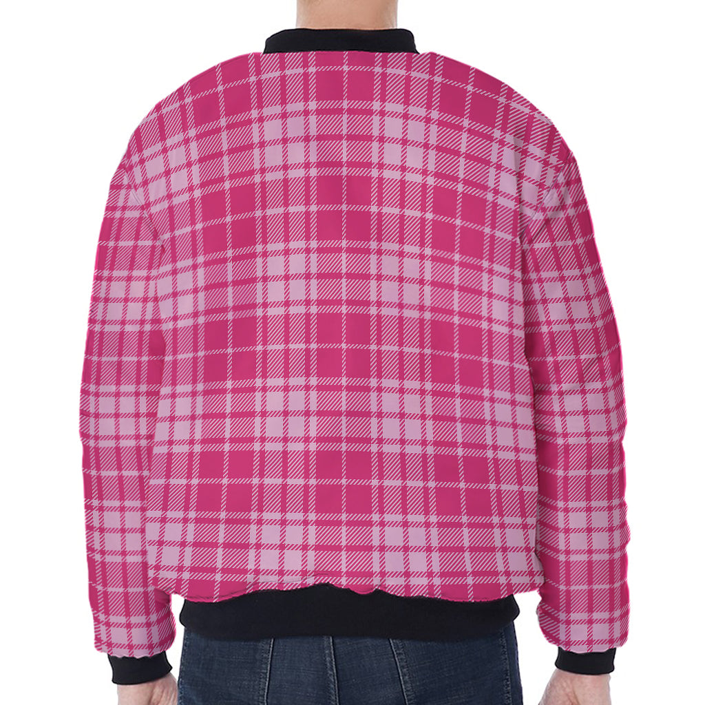Pink Tartan Pattern Print Zip Sleeve Bomber Jacket