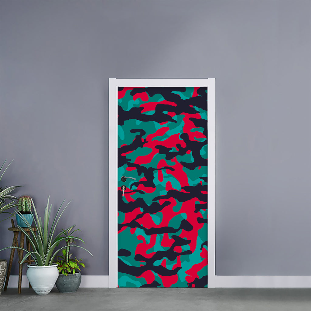 Pink Teal And Black Camouflage Print Door Sticker