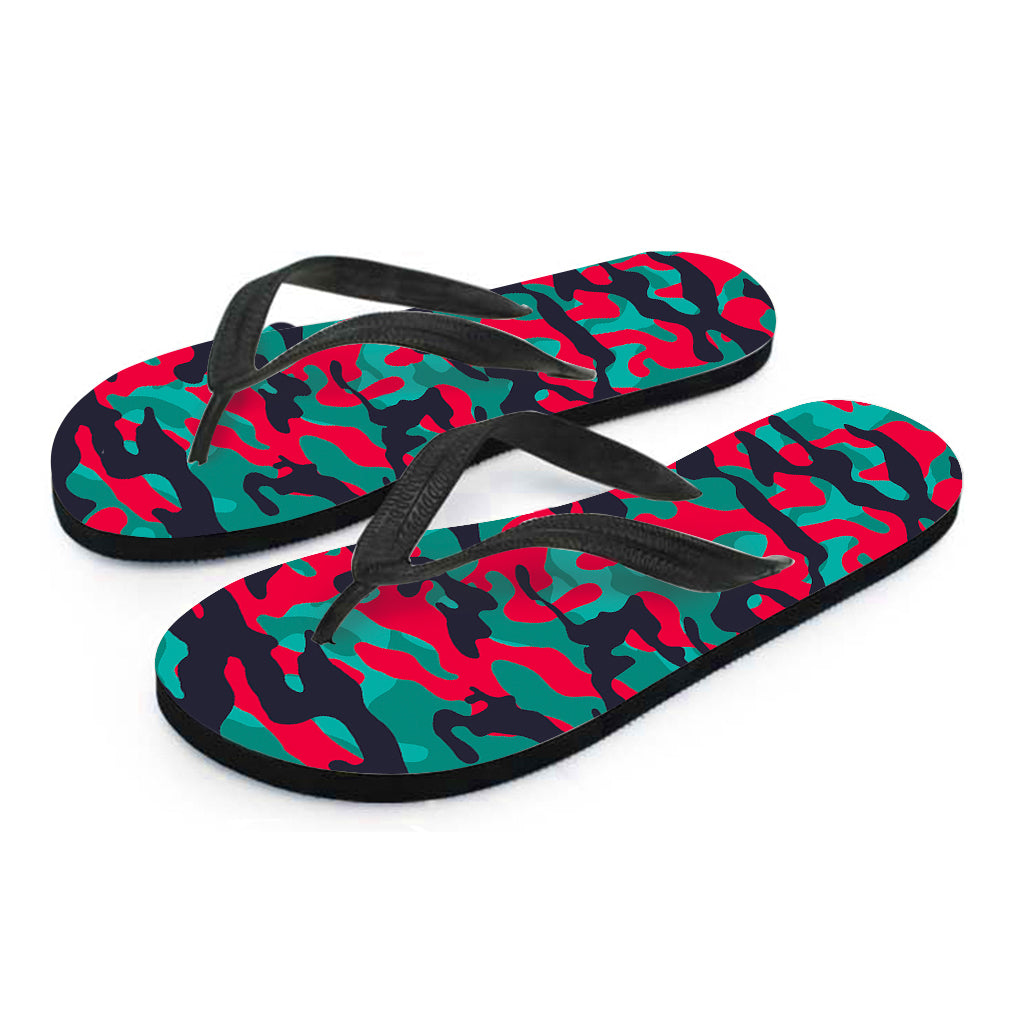 Pink Teal And Black Camouflage Print Flip Flops