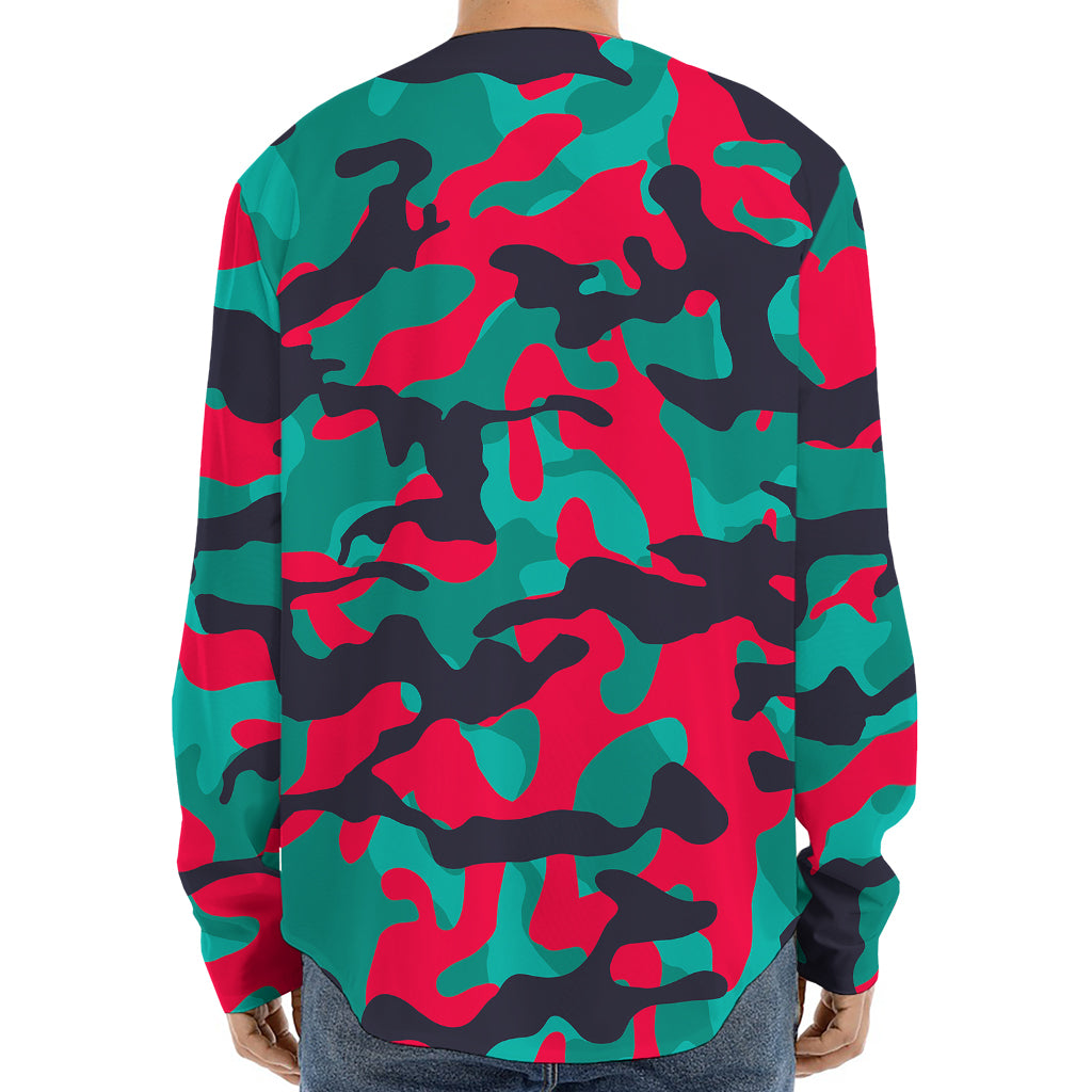 Pink Teal And Black Camouflage Print Long Sleeve Baseball Jersey