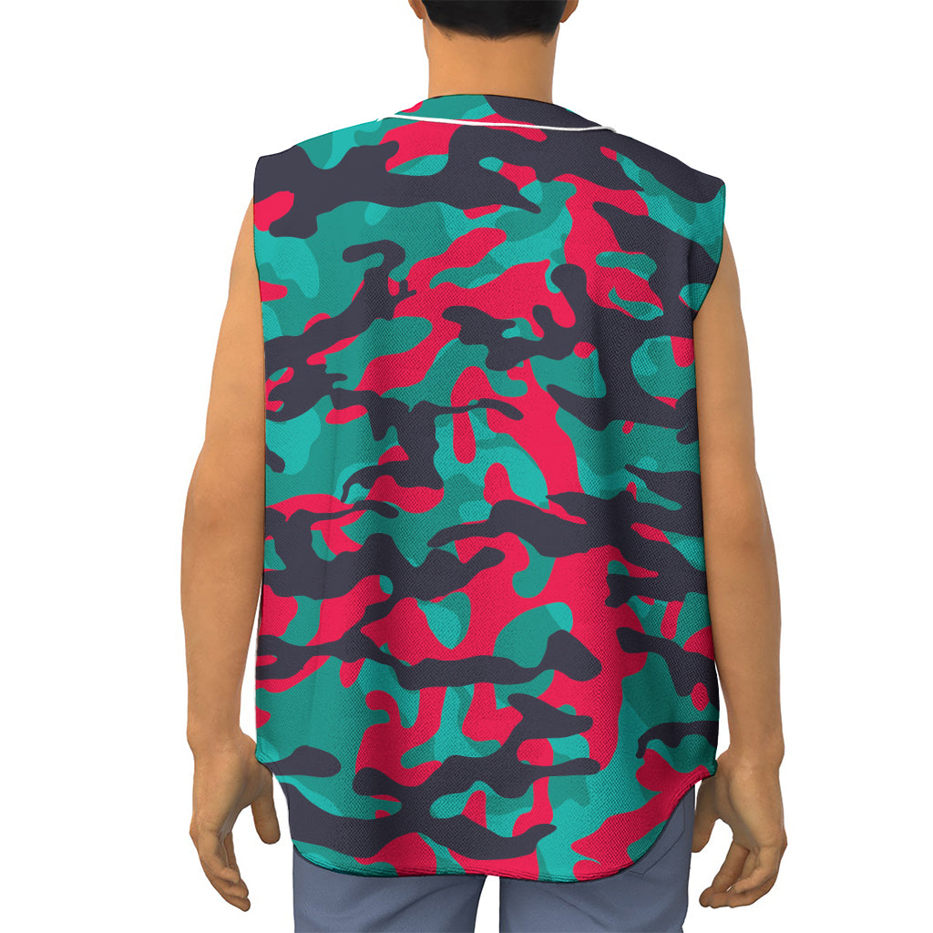Pink Teal And Black Camouflage Print Sleeveless Baseball Jersey