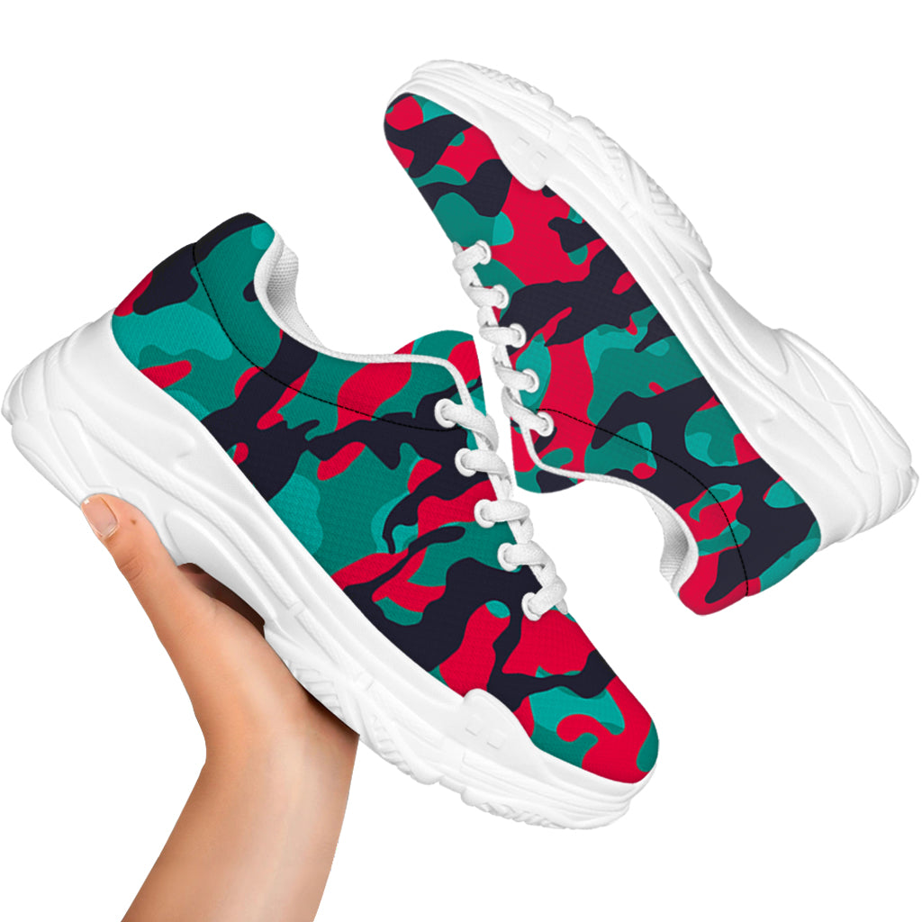 Pink Teal And Black Camouflage Print White Chunky Shoes