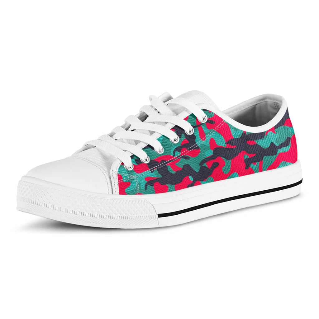 Pink Teal And Black Camouflage Print White Low Top Sneakers