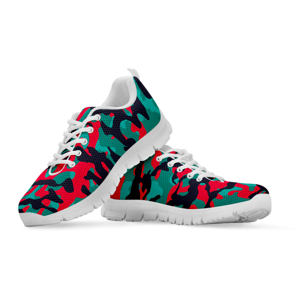 Pink Teal And Black Camouflage Print White Running Shoes