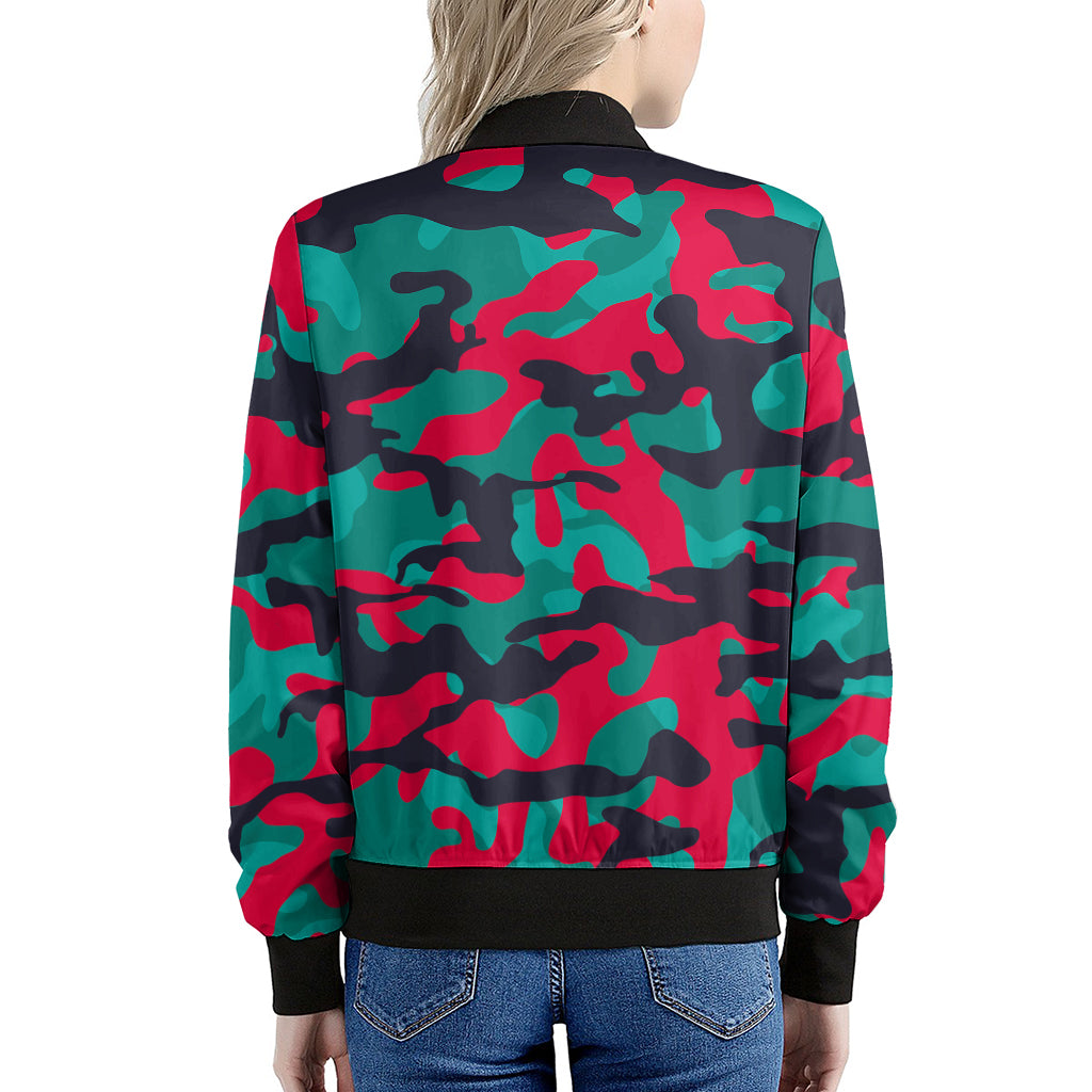Pink Teal And Black Camouflage Print Women's Bomber Jacket