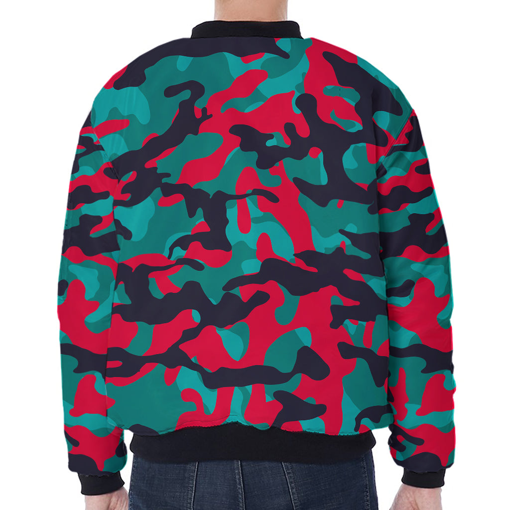 Pink Teal And Black Camouflage Print Zip Sleeve Bomber Jacket