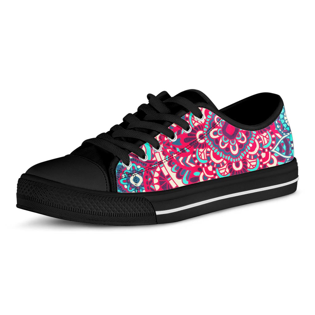 Pink Teal Bohemian Mandala Pattern Print Black Low Top Sneakers