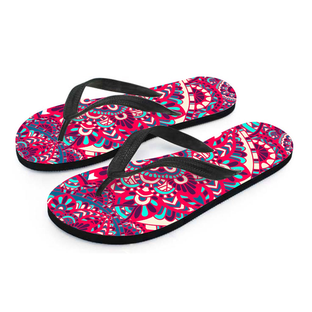 Pink Teal Bohemian Mandala Pattern Print Flip Flops