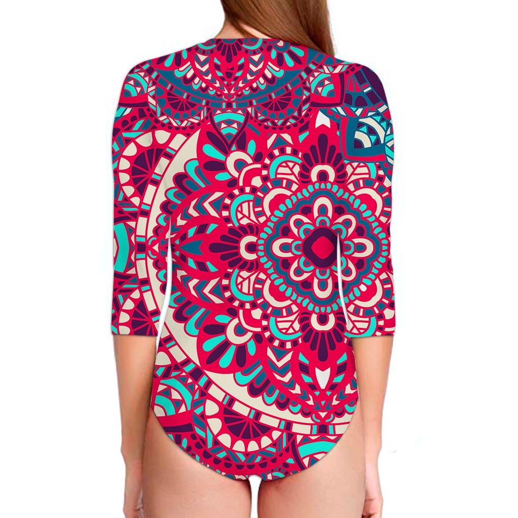 Pink Teal Bohemian Mandala Pattern Print Long Sleeve Swimsuit